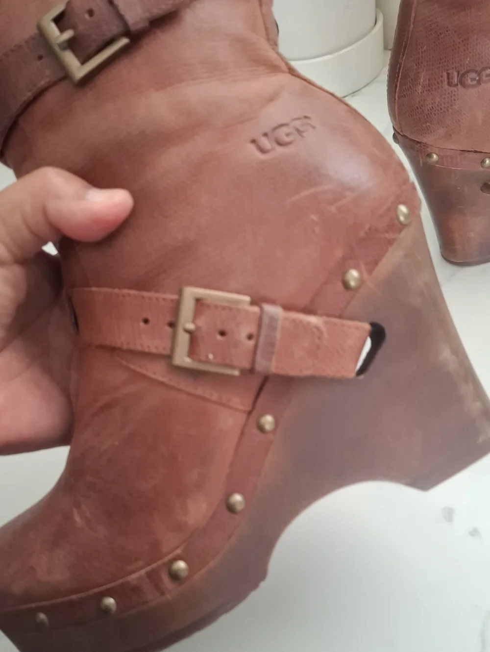 UGG Women's Brown Leather Wedge Booties with Buckle Detail